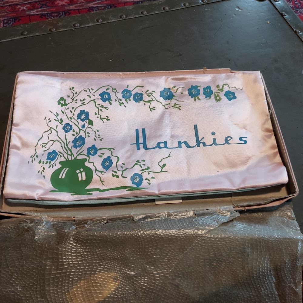 Vintage Pink Satin Handkerchief Holder Hand Painted Floral Blue Lace Pocket 12in